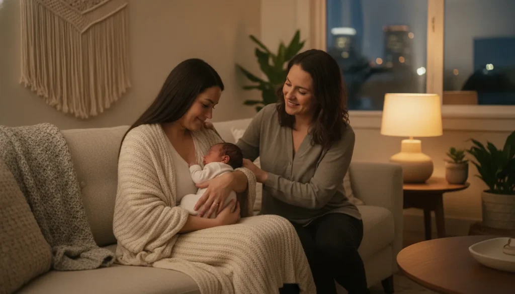 A postpartum doula supporting a parent and newborn at home in the Bay Area