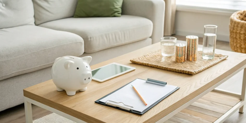 A piggy bank, clipboard, and coins on a table to budget for how much a birth doula costs.