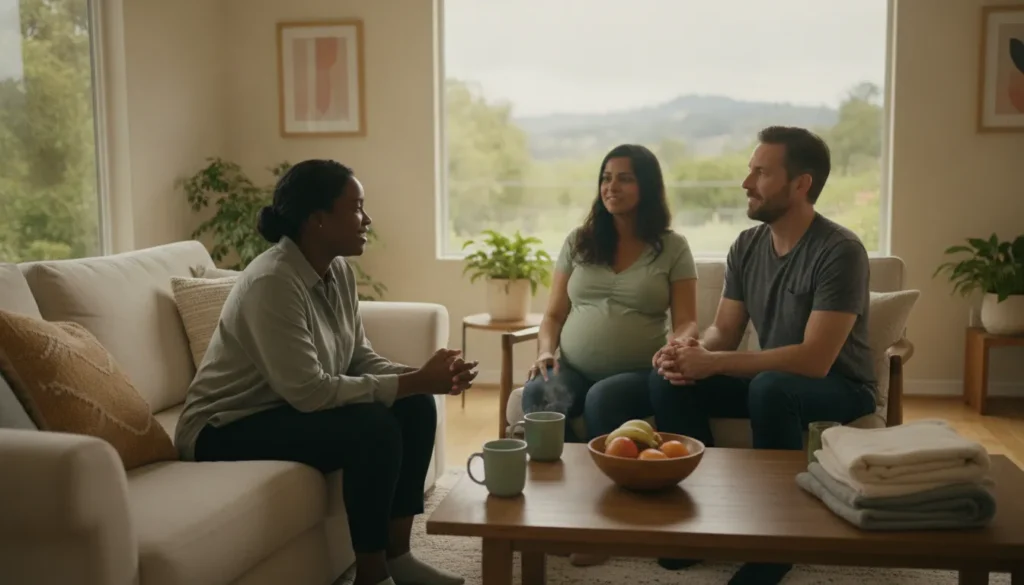 Professional postpartum doula meeting with expecting parents in a Bay Area home
