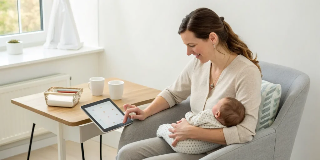 Mother holding her newborn schedules a lactation appointment on a tablet.
