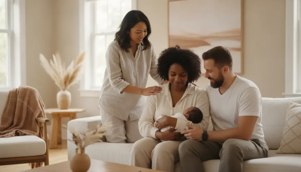 Postpartum doula supporting a new Marin County family with their newborn