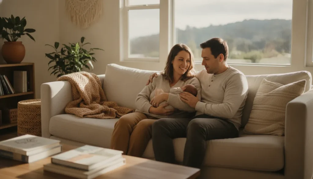 Postpartum doula supporting new parents and their newborn in a Bay Area home
