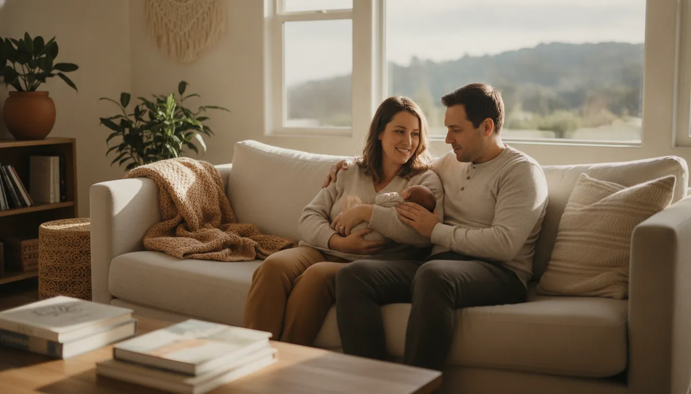 Postpartum doula supporting new parents and their newborn in a Bay Area home