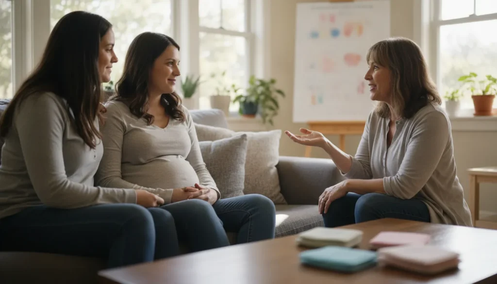 Expecting parents learning with a childbirth educator in the Bay Area
