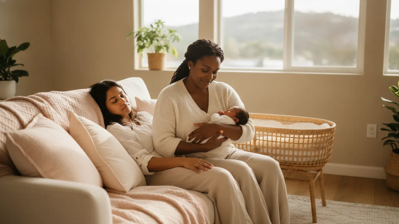 Doula providing newborn care and postpartum support for a South Bay family