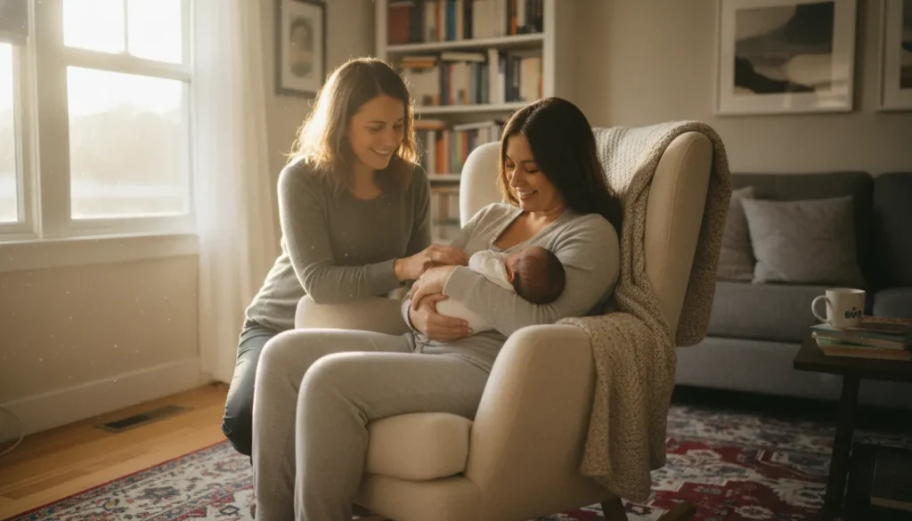 A postpartum doula supporting a new parent and newborn at home in the Bay Area