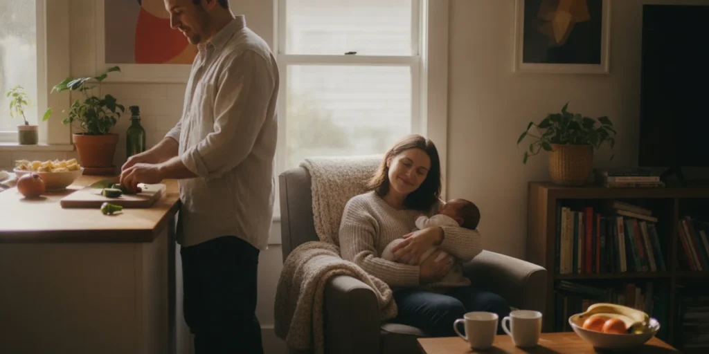 Partners coordinating newborn care at home during the postpartum period