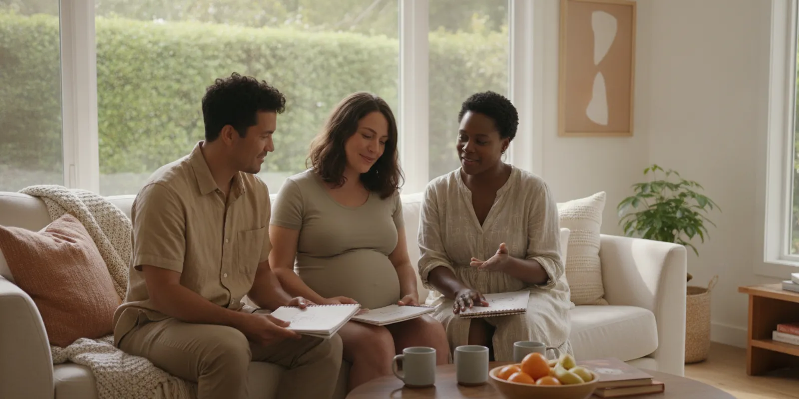 Expecting parents talking with a doula in a calm, bright home
