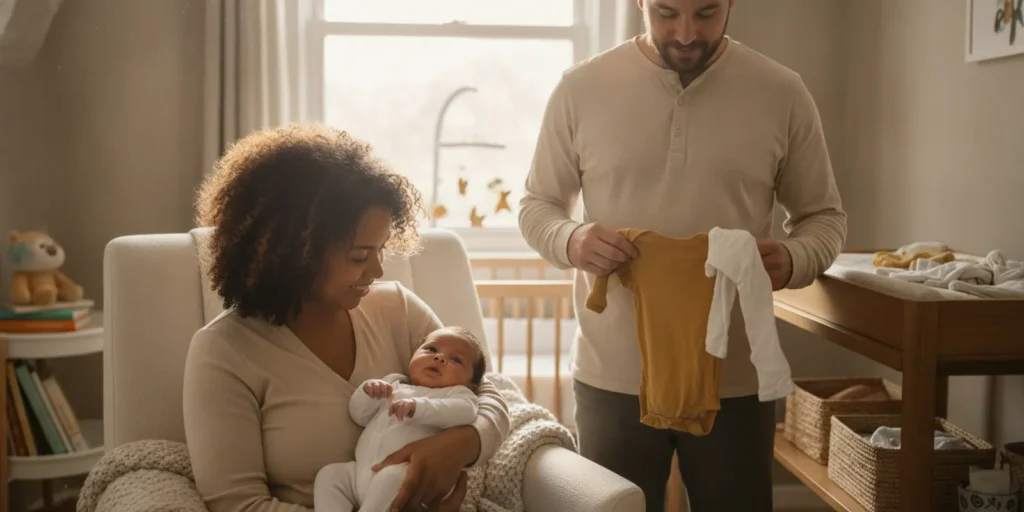 New parents gently caring for their newborn at home in a calm, softly lit nursery.