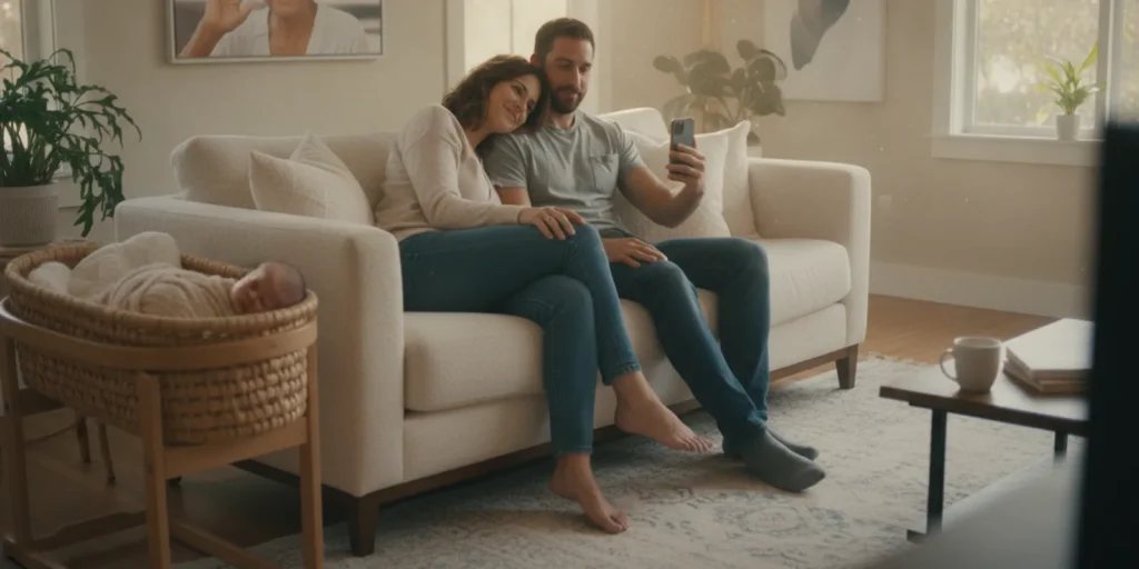 New parents at home with their newborn while video chatting with distant family