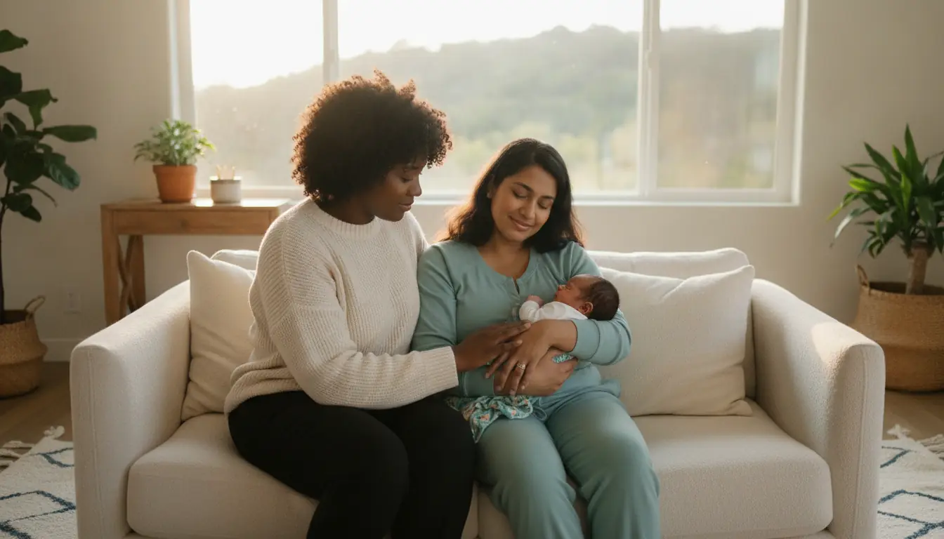 A postpartum doula supporting a parent and newborn at home in the Bay Area.