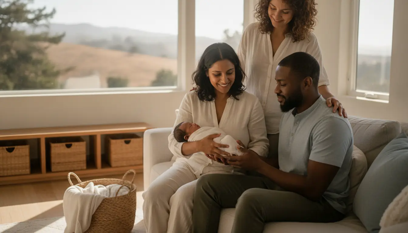 A postpartum doula demonstrating gentle newborn care for a Bay Area family.