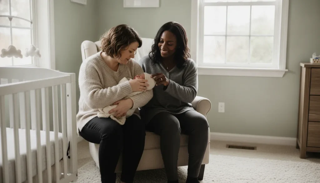 Postpartum doula offering non-medical newborn support to foster parents in a Bay Area home