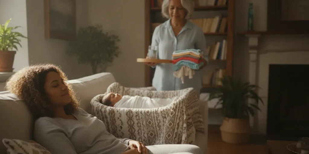 A new parent resting with their newborn while a support person offers calm help at home