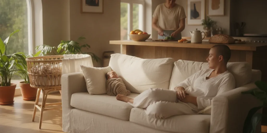 A new parent resting with a newborn while a support person helps at home