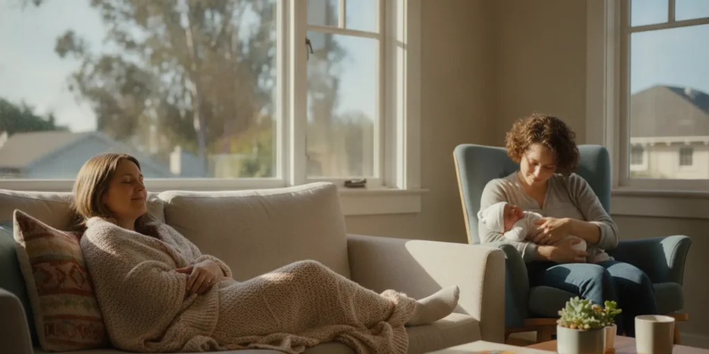 A gestational carrier resting at home while a support person gently cares for a newborn nearby.