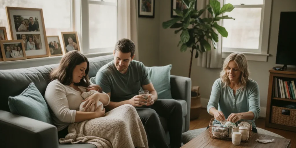 A military-connected family welcomes a newborn at home with a support person nearby.