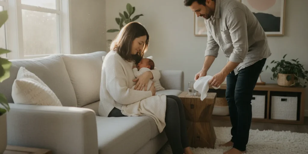 A parent holding a newborn upright after a feeding while a support person prepares a quiet, comfortable home space.