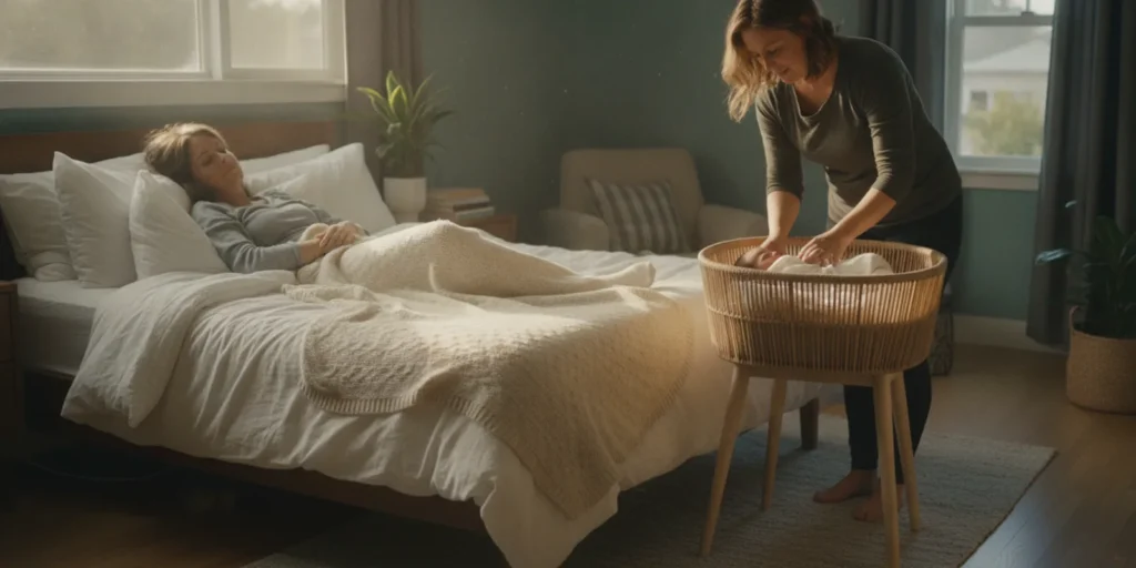 A new parent resting at home during daylight while a doula cares for a sleeping newborn nearby