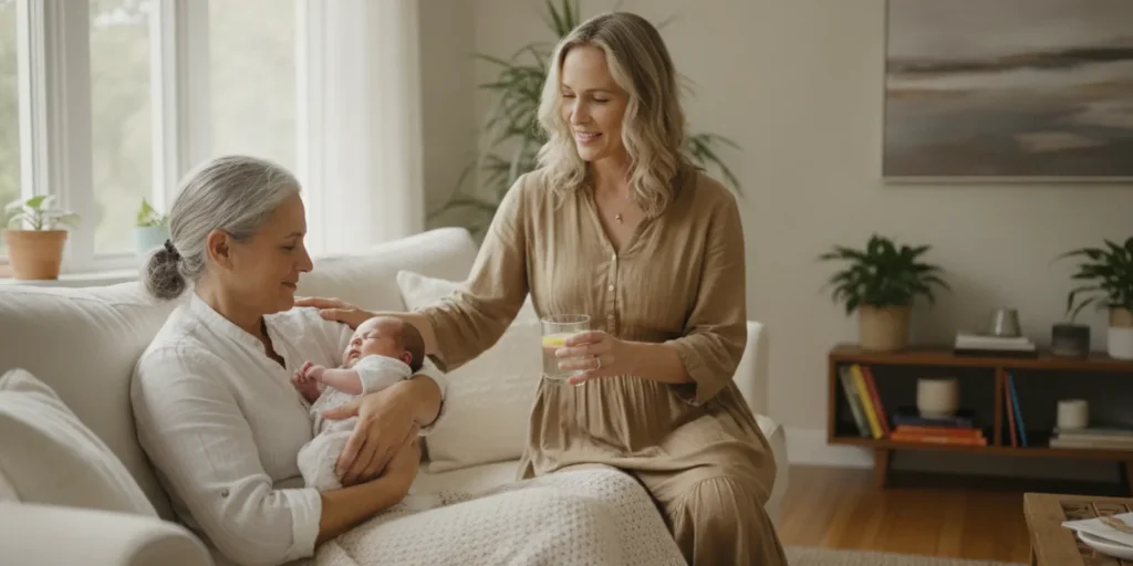 Older new parents resting with their newborn at home while a support person helps nearby