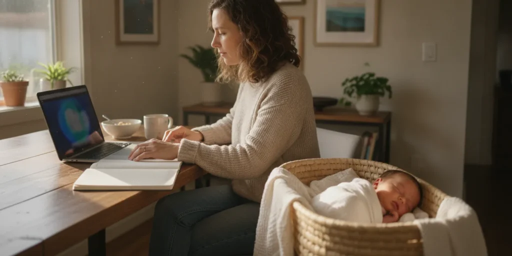 A student parent studying at a table beside a peacefully resting newborn