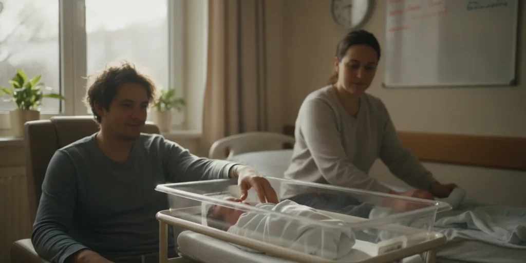 A parent sitting beside a newborn’s hospital bassinet with a support person nearby