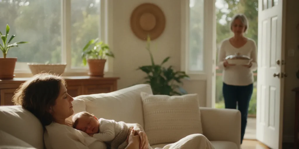 New parent resting with a newborn while a visitor waits to be welcomed into a calm home